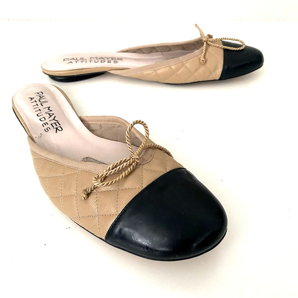 Paul Mayer Attitudes Quilted Mule Flat Slip On Nude Beige Black Cap Toe Round 11 - Picture 7 of 9